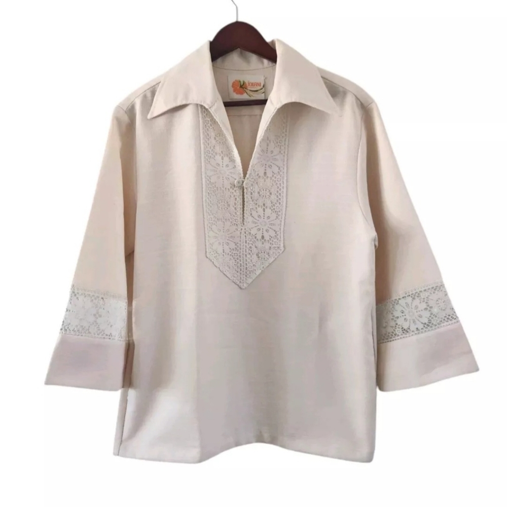 Vintage Iolani Hawaii Cream Lace Wedding Top Tunic Womens Size L XL